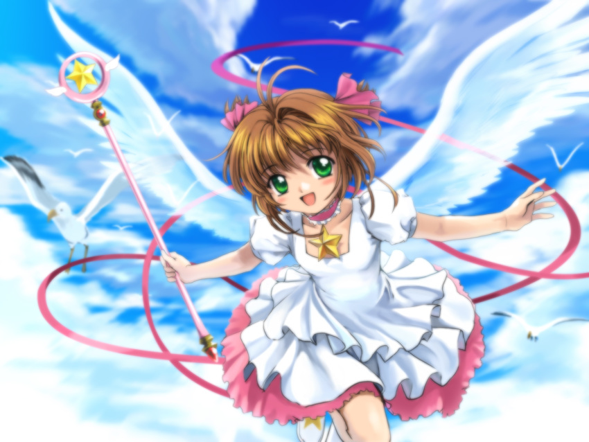 card_captor_sakura clamp highres hoshi_no_tsue kinomoto_sakura magical_girl mutsuki_(moonknives) ribbons sky wings