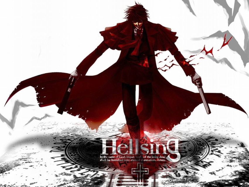 1600x1200 alucard_(hellsing) anime bats black_hair cross dual_wielding grin gun hellsing long_coat pentagram pistol vampire