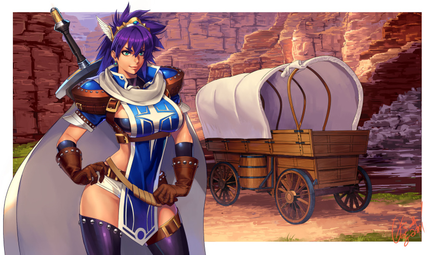 1girl bangs barrel black_bra border bra breasts brown_belt brown_gloves cape carriage closed_mouth commentary_request contrapposto cowboy_shot day earrings fantasy gem gloves grass green_eyes hair_between_eyes hairband hand_on_hip high_collar highres jewelry large_breasts leather leather_gloves long_hair looking_away ogami original outdoors outside_border purple_hair purple_legwear shiny shiny_hair short_shorts short_sleeves shorts signature smile solo spiky_hair standing sword tabard thick_eyebrows thigh_strap tiara underwear warrior weapon weapon_on_back white_border white_cape white_shorts winged_hairband
