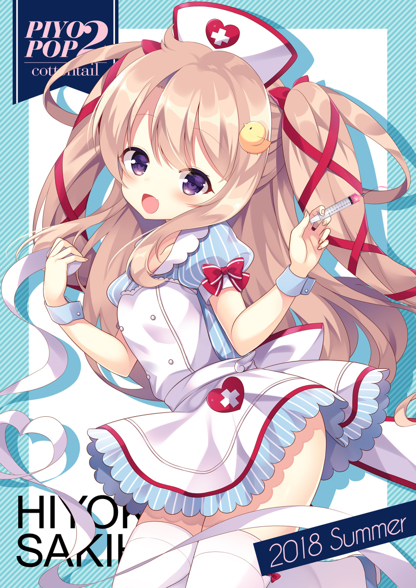 1girl 2018 :d apron bandage blue_dress blush bow commentary_request cross diagonal-striped_background diagonal_stripes dress hair_bow hair_ribbon hat heart highres holding holding_syringe light_brown_hair long_hair looking_at_viewer nurse nurse_cap open_mouth original puffy_short_sleeves puffy_sleeves red_bow red_ribbon ribbon short_sleeves smile solo striped striped_background syringe thigh-highs tougetsu_hajime two_side_up vertical-striped_dress vertical_stripes very_long_hair violet_eyes waist_apron white_apron white_hat white_legwear