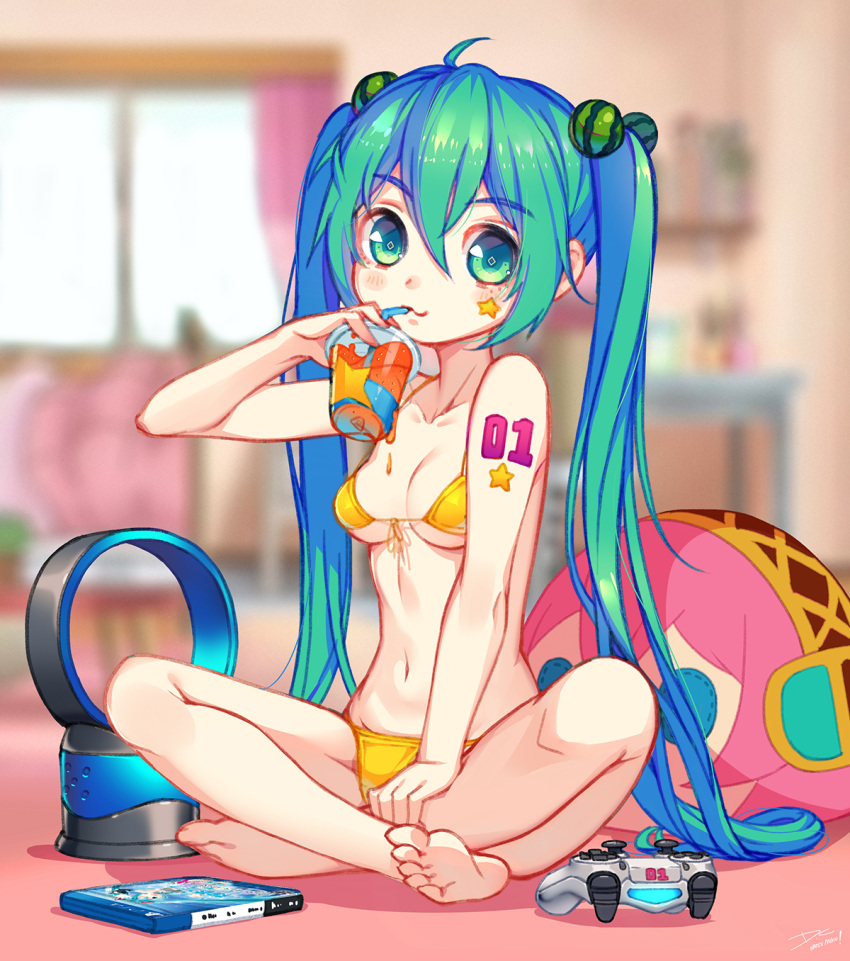 1girl ahoge barefoot bikini bladeless_fan blurry breasts controller depth_of_field dreamcatcher drinking drinking_straw eyebrows_visible_through_hair food_themed_hair_ornament front-tie_top full_body game_controller green_eyes green_hair hair_between_eyes hair_bobbles hair_ornament hatsune_miku highres indian_style indoors long_hair megurine_luka number_tattoo sitting small_breasts solo swimsuit tattoo twintails very_long_hair vocaloid watermelon_hair_ornament yellow_bikini