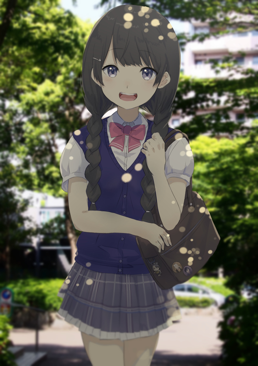 1girl :d absurdres bag bag_charm bangs black_hair blue_sky blurry blurry_background bow braid charm_(object) collared_shirt day depth_of_field dress_shirt eyebrows_visible_through_hair grey_skirt hair_ornament hairclip highres higuchi_kaede kumamoto_nomii-kun long_hair looking_at_viewer low_twintails nijisanji open_mouth outdoors pink_bow pleated_skirt puffy_short_sleeves puffy_sleeves school_bag school_uniform shirt shizuka_rin short_sleeves skirt sky smile solo standing sweater_vest tsukino_mito twin_braids twintails upper_teeth very_long_hair violet_eyes virtual_youtuber white_shirt