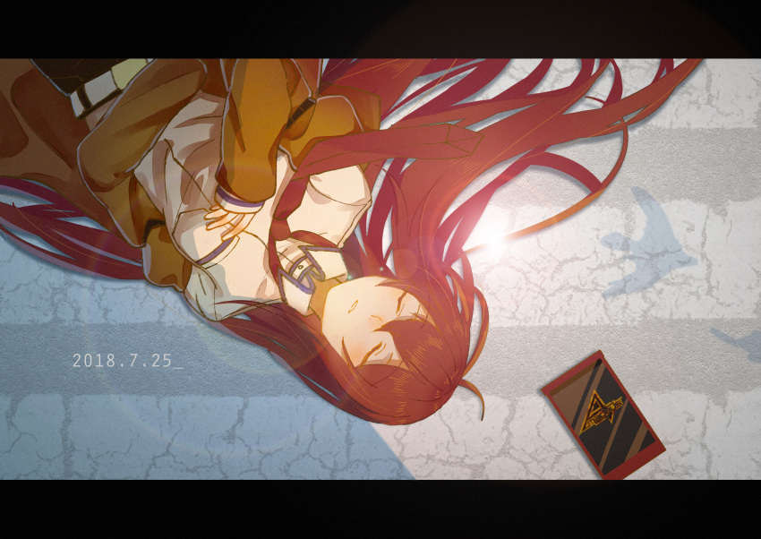 1girl belt brown_hair cellphone closed_eyes collared_shirt dated highres jacket letterboxed long_hair lying makise_kurisu necktie nightsky off_shoulder on_back phone shadow shirt short_shorts shorts smartphone solo steins;gate steins;gate_0