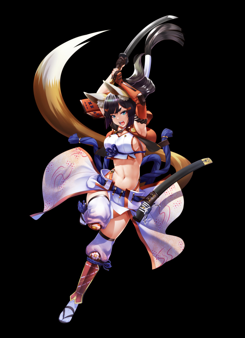 1girl absurdres animal_ears armor black_background blue_eyes bracer breasts brown_hair detached_pants floating_hair fox_ears fox_tail greaves highres holding holding_sword holding_weapon japanese_armor kagiyama_(gen'ei_no_hasha) katana large_breasts long_hair navel open_mouth original pelvic_curtain ponytail sandals scabbard sheath simple_background solo standing standing_on_one_leg sword tabi tail two-handed weapon white_legwear