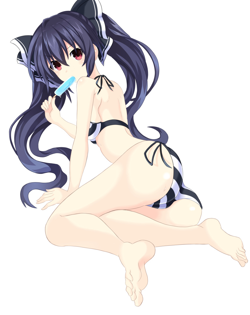 1girl absurdres barefoot bikini black_bow black_ribbon blue_hair bow breasts choujigen_game_neptune eating eyebrows_visible_through_hair floating_hair food full_body hair_between_eyes hair_bow highres ice_cream long_hair medium_breasts neptune_(series) noire ramu-on@_shinon red_eyes ribbon side-tie_bikini sideboob simple_background solo striped striped_bikini swimsuit twintails very_long_hair white_background