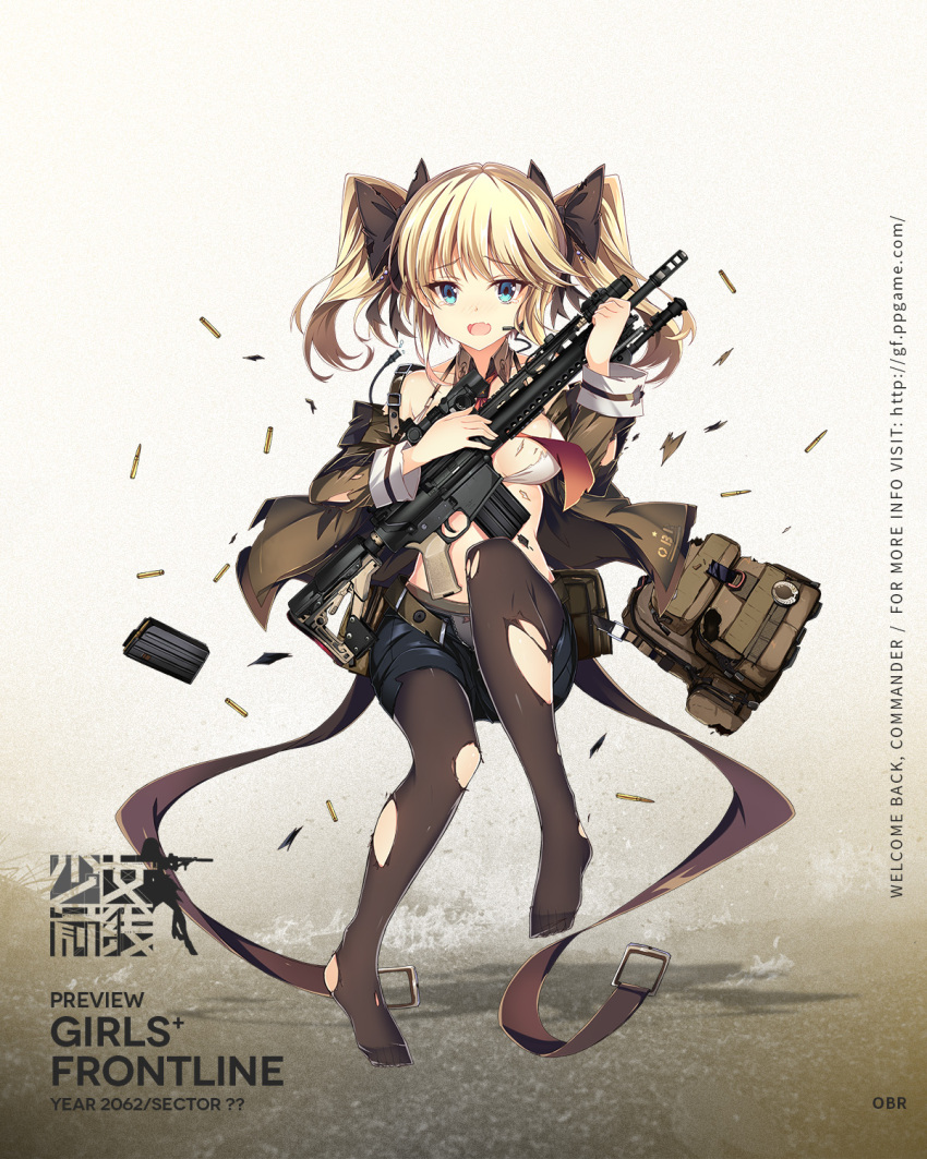 1girl bag bangs bare_shoulders battle_rifle belt bikini bikini_top black_legwear black_ribbon black_shorts blazer blonde_hair blue_eyes blush bow bow_panties breasts brown_jacket buckle bullet character_name closed_mouth clothes_writing collarbone copyright_name detached_collar floating frown full_body girls_frontline gun hair_ornament hair_ribbon headset highres holding holding_gun holding_magazine_(weapon) holding_weapon jacket jianren knee_up larue_tactical_obr logo long_hair long_sleeves magazine_(weapon) medium_breasts midriff navel necktie no_shoes obr_(girls_frontline) off_shoulder official_art open_blazer open_clothes open_jacket panties panties_under_pantyhose pantyhose red_neckwear ribbon rifle scope shiny shiny_skin short_shorts shorts shoulder_bag sidelocks solo stomach swimsuit torn_bikini torn_clothes torn_jacket torn_pantyhose twintails two_side_up unbuttoned_pants underwear weapon white_bikini wide_sleeves