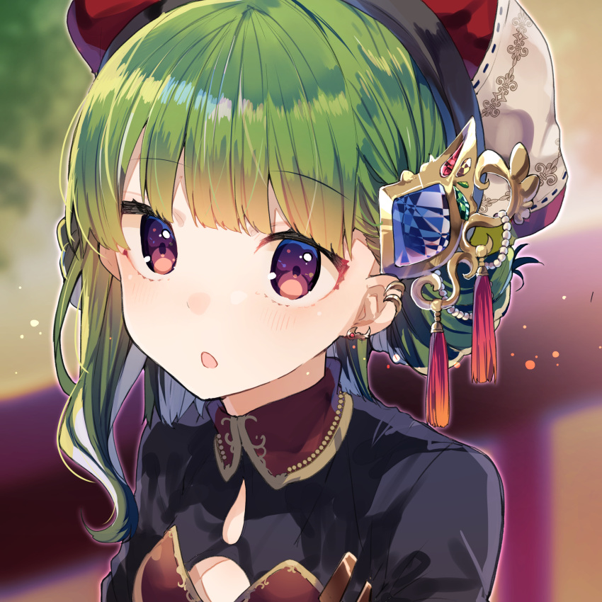 1girl bangs blunt_bangs blush chestnut_mouth cleavage_cutout commentary_request earrings eyebrows_visible_through_hair green_hair hair_ornament hat highres ikeuchi_tanuma jewelry long_hair looking_at_viewer original standing upper_body violet_eyes