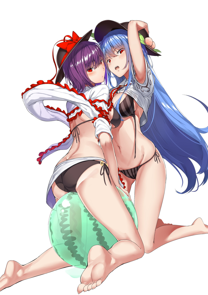 2girls absurdres arm_up ass asymmetrical_docking ball bangs bare_legs barefoot beachball bikini black_bikini black_hat blue_hair blush bow breast_press breasts center_frills eyebrows_visible_through_hair food frilled_shawl frilled_shirt frills from_behind fruit groin hair_between_eyes hand_on_headwear hat hat_bow highres hinanawi_tenshi kneeling large_breasts leaf long_hair looking_at_viewer looking_back multiple_girls nagae_iku navel neck_ribbon neropaso open_mouth peach purple_hair red_bow red_eyes red_neckwear red_ribbon ribbon sarong shawl shirt shirt_lift short_hair short_sleeves side-tie_bikini simple_background skindentation stomach striped swimsuit thighs touhou untied untied_bikini vertical-striped_bikini vertical_stripes very_long_hair white_background white_shirt