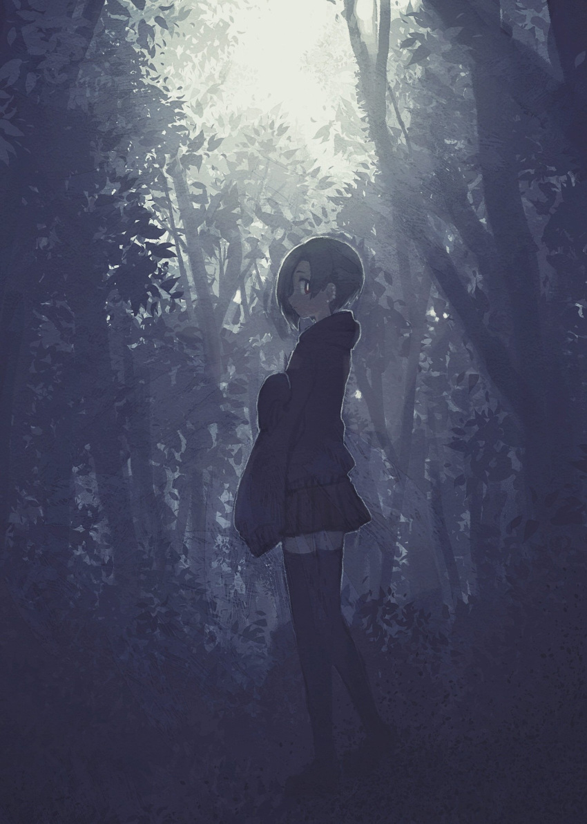 1girl backlighting blonde_hair bush ear_piercing earrings expressionless forest full_body hair_over_one_eye highres hood hood_down hoodie idolmaster idolmaster_cinderella_girls jewelry leaf looking_at_viewer naname_(fossama1) nature outdoors piercing profile red_eyes shirasaka_koume short_hair skirt sleeves_past_fingers sleeves_past_wrists solo standing stud_earrings thigh-highs tree zettai_ryouiki