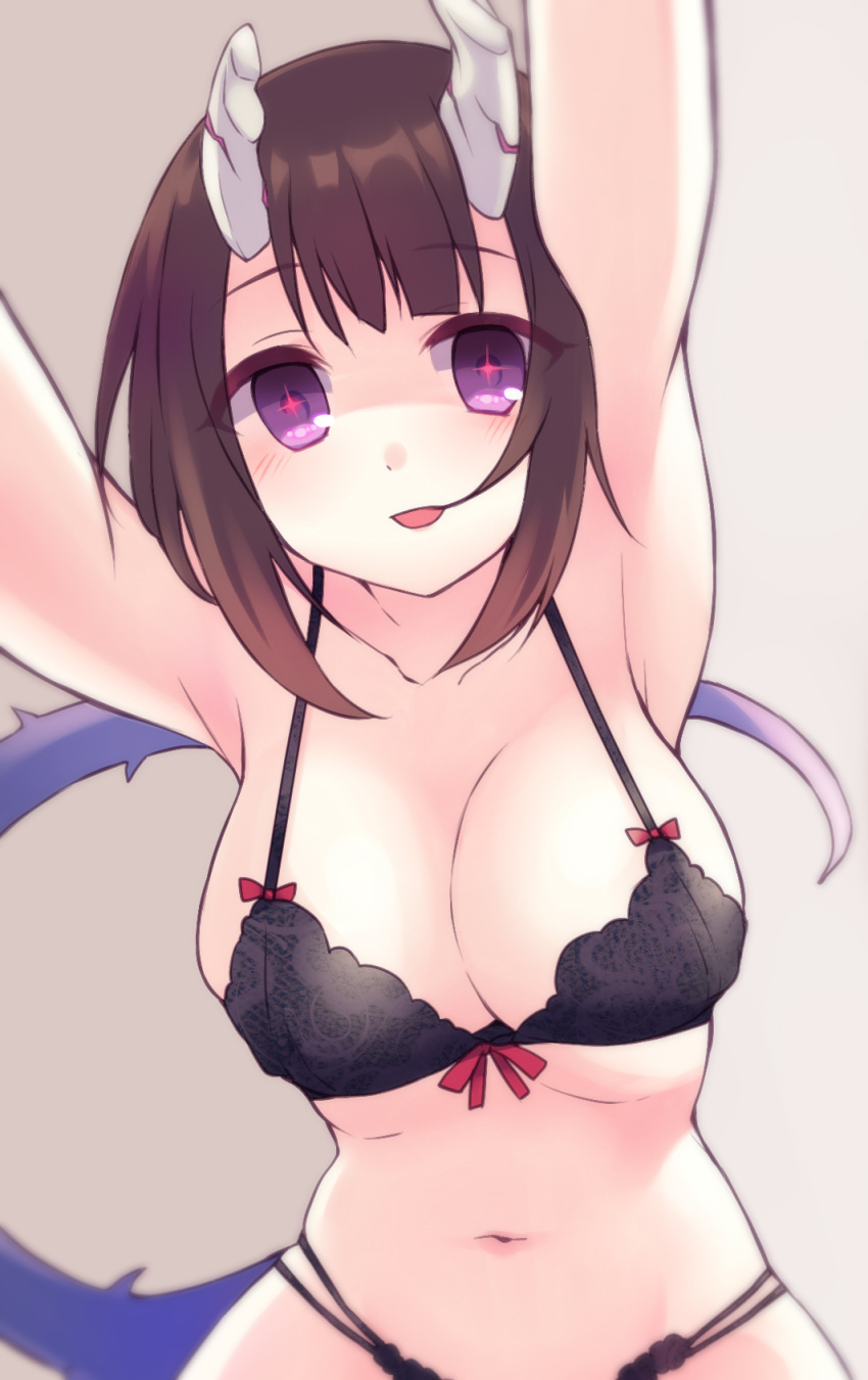 +_+ 1girl :d armpits arms_up bangs bare_shoulders black_bra black_panties blush bow bow_bra bra breasts broken_horn brown_background brown_hair character_request cleavage commentary_request eyebrows_visible_through_hair gucchiann highres horns large_breasts looking_at_viewer navel open_mouth panties princess_connect! simple_background smile solo tail underwear underwear_only violet_eyes