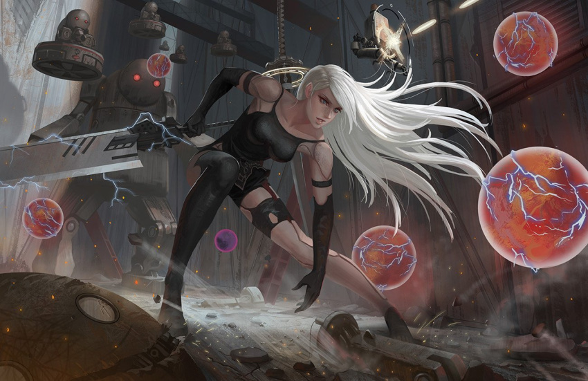 1girl android armlet bare_shoulders battle black_gloves black_shorts blue_eyes breasts collarbone commentary debris drone elbow_gloves electricity english_commentary fighting_stance gloves holding holding_sword holding_weapon long_hair medium_breasts mole mole_under_mouth nier_(series) nier_automata orb outdoors pink_lips pod_(nier_automata) robot robot_joints short_shorts shorts silver_hair sword sword_behind_back tank_top weapon yagaminoue yorha_type_a_no._2