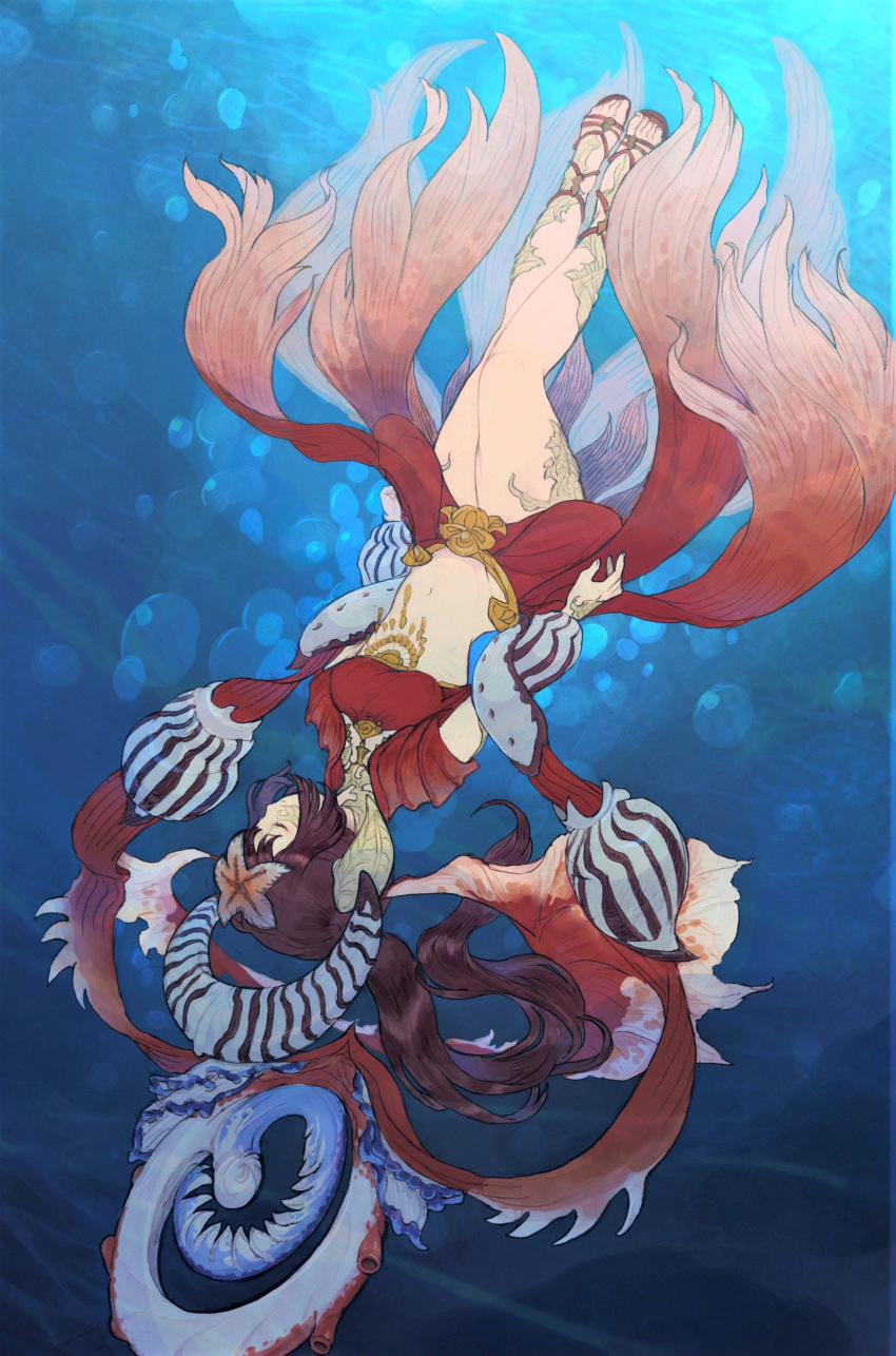 1girl absurdres au_ra bandeau closed_eyes closed_mouth dragon_horns dragon_tail final_fantasy final_fantasy_xiv full_body highres horns jewelry mozuku_(mozuuru0323) pale_skin ponytail sandals scales solo starfish tail underwater upside-down