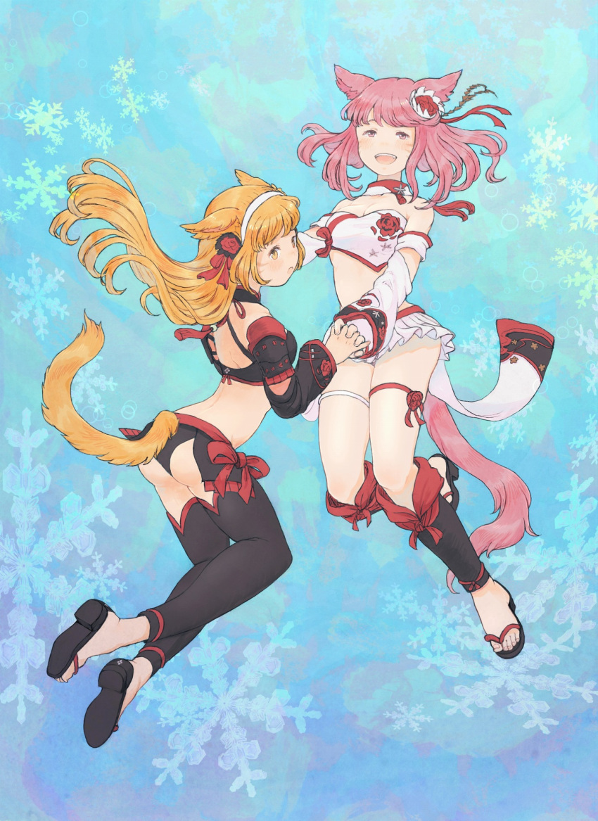 2girls animal_ears bandeau bare_shoulders bikini_bottom blonde_hair blue_background breasts cat_ears cat_tail cleavage detached_collar detached_sleeves facial_mark final_fantasy final_fantasy_xiv flower frilled_skirt frills hair_flower hair_ornament hairband hand_holding highres long_hair looking_at_viewer medium_breasts miqo'te mozuku_(mozuuru0323) multiple_girls open_mouth pink_eyes pink_hair sandals skirt snowflake_background strapless tail thigh-highs yellow_eyes