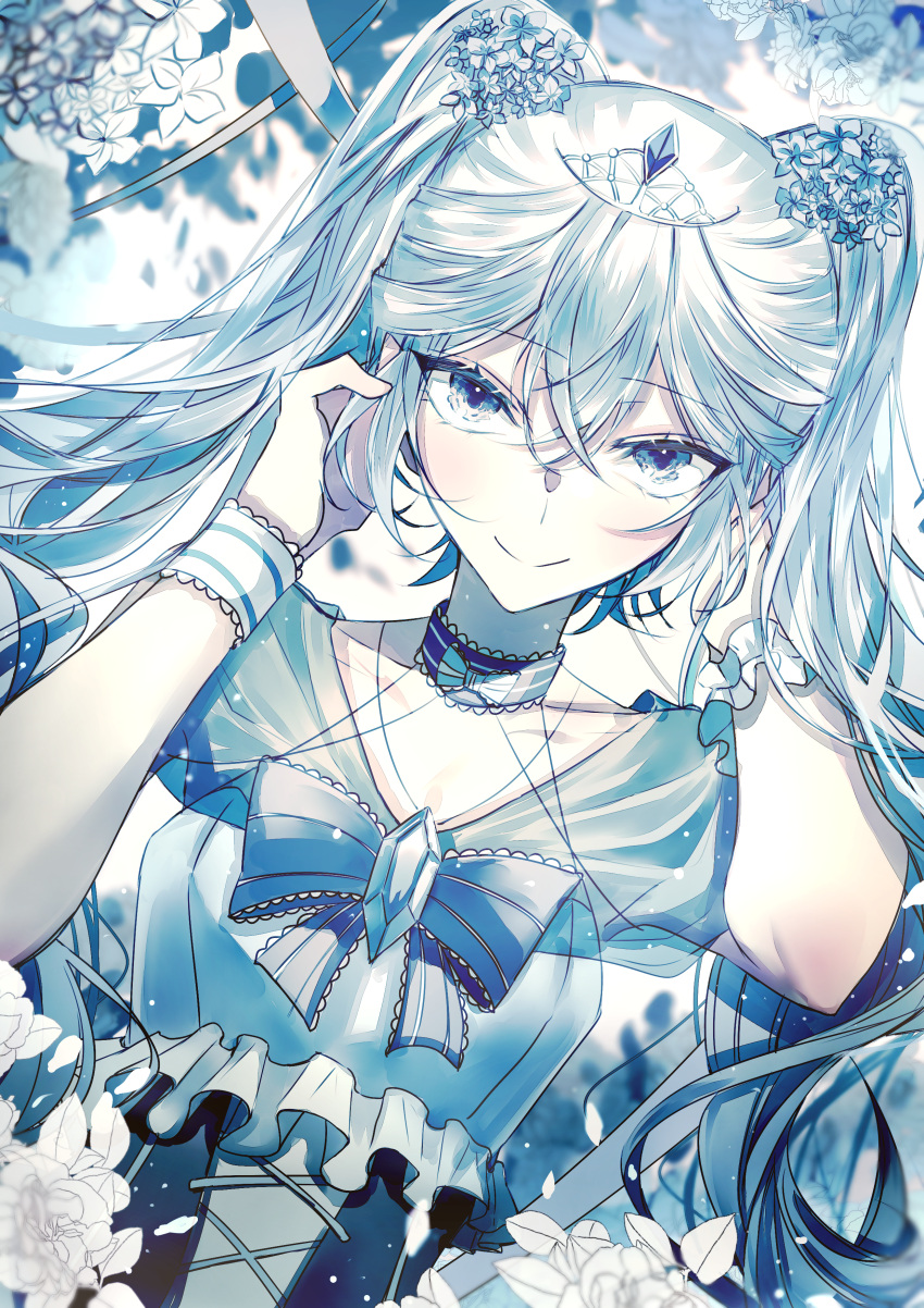 1girl absurdres blue blue_bow bow choker collarbone diadem dutch_angle eyebrows_visible_through_hair eyes flower ggatip hair_between_eyes hands_in_hair hatsune_miku highres long_hair see-through short_sleeves silver_hair smile solo twintails upper_body very_long_hair vocaloid white_flower