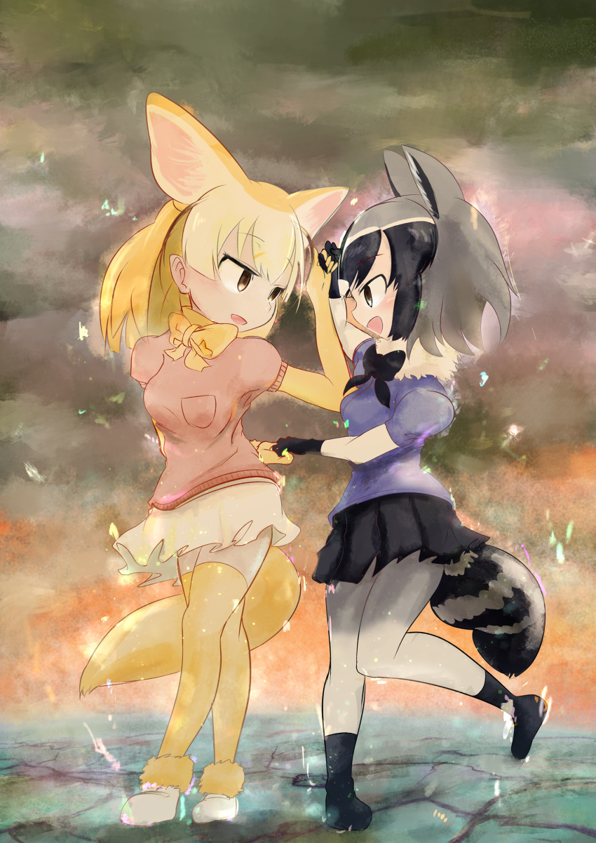 2girls animal_ears black_gloves black_hair black_neckwear black_skirt blonde_hair bow bowtie breast_pocket brown_eyes common_raccoon_(kemono_friends) extra_ears eye_contact eyebrows_visible_through_hair fennec_(kemono_friends) fox_ears fox_tail fuji_takanasu fur_collar fur_trim gloves grey_hair hand_holding highres kemono_friends leg_up looking_at_another miniskirt multicolored_hair multiple_girls pantyhose pleated_skirt pocket raccoon_ears raccoon_tail sandstar short_sleeves skirt tail thigh-highs white_footwear white_legwear white_skirt yellow_gloves yellow_legwear yellow_neckwear zettai_ryouiki