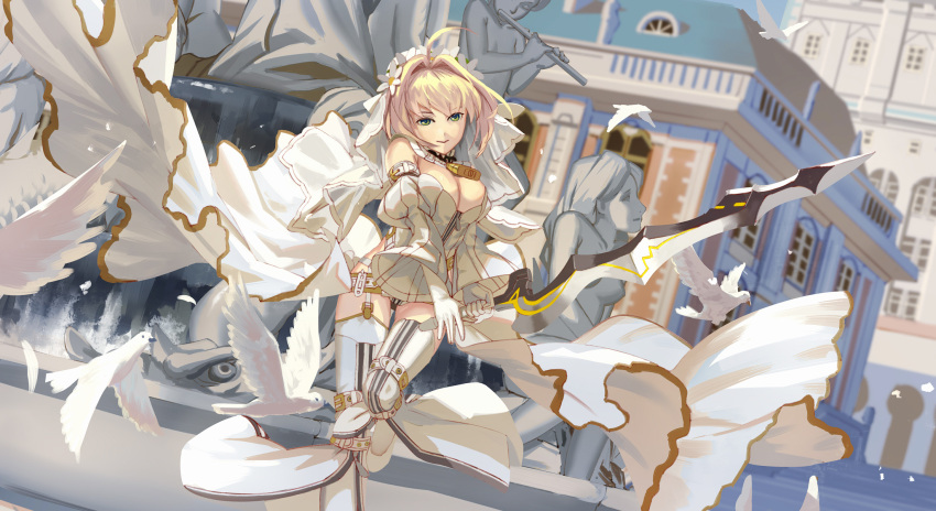 1girl :&gt; aestus_estus ahoge bird blonde_hair blurry blurry_background breasts cleavage closed_mouth commentary_request daisy depth_of_field detached_sleeves dove fate_(series) flower garter_straps gloves hair_flower hair_intakes hair_ornament highres holding holding_sword holding_weapon large_breasts long_sleeves looking_at_viewer nero_claudius_(bride)_(fate) nero_claudius_(fate)_(all) smile solo standing standing_on_one_leg statue sword tea_sly thigh-highs thigh_gap two-handed veil waist_cape weapon white_gloves white_legwear