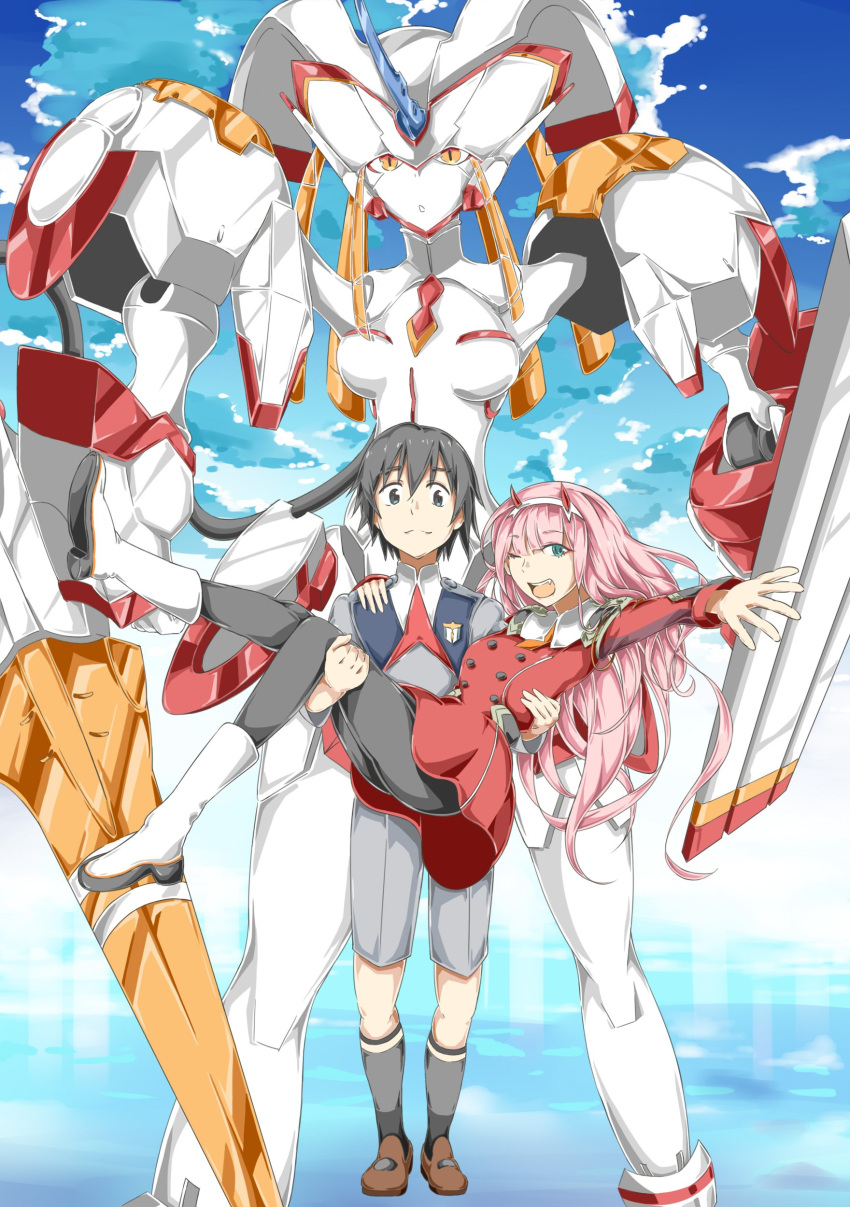 1boy 1girl absurdres bangs black_hair black_legwear blue_eyes blue_sky boots breasts brown_footwear carrying clouds cloudy_sky couple darling_in_the_franxx day eyebrows_visible_through_hair green_eyes hair_ornament hairband hand_on_another's_shoulder hetero highres hiro_(darling_in_the_franxx) holding_legs horns long_hair long_sleeves maru_sashi mecha medium_breasts military military_uniform necktie one_eye_closed oni_horns orange_neckwear pantyhose pink_hair princess_carry red_horns red_neckwear shoes short_hair sky socks strelizia uniform white_footwear white_hairband zero_two_(darling_in_the_franxx)