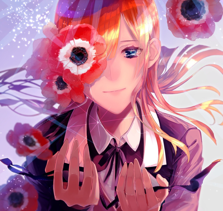 1girl anemone_(flower) bangs black_jacket black_ribbon blue_eyes blurry brown_hair check_commentary collared_jacket collared_shirt commentary_request crying crying_with_eyes_open depth_of_field fate/grand_order fate_(series) floating_hair flower hair_over_one_eye half-closed_eyes hands hands_up happy_tears jacket light_particles light_rays long_hair long_sleeves looking_at_viewer minami_leo neck_ribbon ophelia_phamrsolone parted_bangs ribbon shirt simple_background smile solo straight_hair teardrop tearing_up tears upper_body