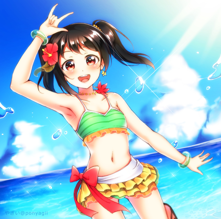 1girl :d arm_up artist_name bikini bikini_skirt black_hair blue_sky bow bracelet clouds collarbone day eyebrows_visible_through_hair floating_hair flower green_bikini hair_flower hair_ornament hibiscus highres jewelry layered_skirt leg_up long_hair looking_at_viewer love_live! love_live!_school_idol_project necklace ocean open_mouth outdoors red_bow red_eyes red_flower shiny shiny_hair skirt sky smile solo sparkle standing standing_on_one_leg striped striped_bikini swimsuit transparent twintails yazawa_nico yellow_skirt