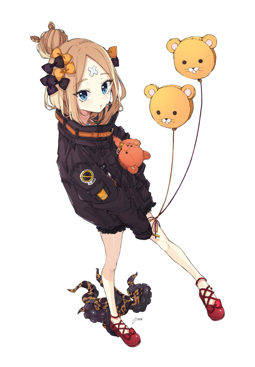 1girl abigail_williams_(fate/grand_order) absurdres alternate_hairstyle balloon bandaid_on_forehead bangs belt black_bow black_jacket blonde_hair blue_eyes blush bow fate/grand_order fate_(series) forehead hair_bow hair_bun high_collar highres holding holding_stuffed_animal jacket legs loafers long_hair looking_at_viewer looking_up open_mouth orange_bow osanai parted_bangs polka_dot polka_dot_bow shoes simple_background sleeves_past_fingers sleeves_past_wrists solo stuffed_animal stuffed_toy suction_cups teddy_bear tentacle thighs white_background