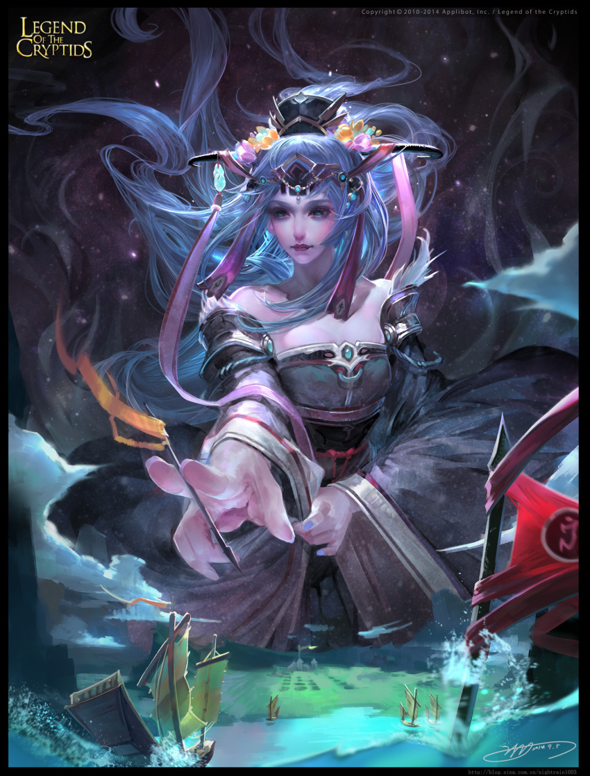 1girl bare_shoulders blue_eyes blue_hair copyright_name flag flower hair_flower hair_ornament hat highres legend_of_the_cryptids long_hair nail_polish official_art ship solo water watercraft yu-han_chen