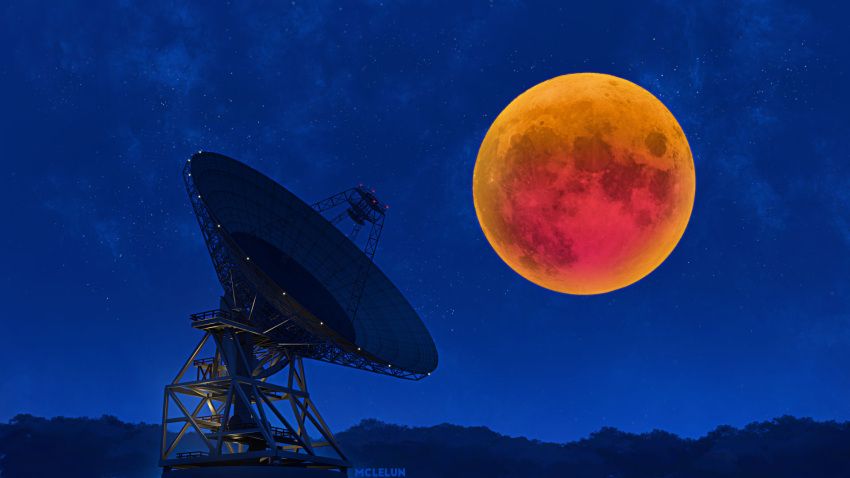 artist_name blue_sky commentary english_commentary full_moon highres mclelun moon night night_sky no_humans outdoors photoshop_(medium) radio_telescope red_moon scenery sky star_(sky) starry_sky