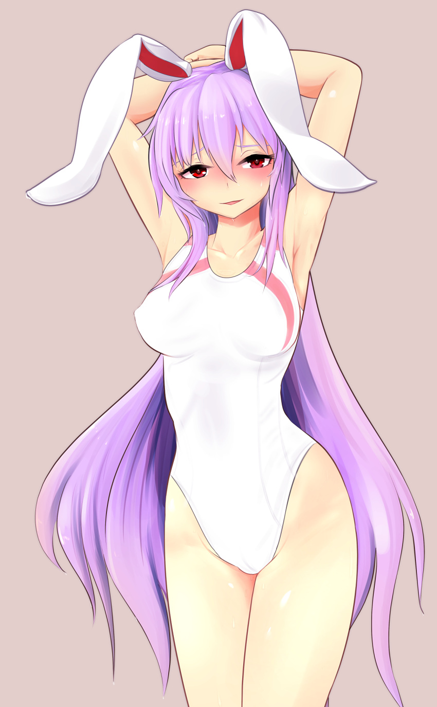 1girl animal_ears armpits arms_up blush collarbone competition_swimsuit erect_nipples floating_hair grey_background hair_between_eyes highleg highleg_swimsuit highres long_hair nama_shirasu one-piece_swimsuit parted_lips purple_hair rabbit_ears red_eyes reisen_udongein_inaba shiny shiny_skin simple_background solo standing swimsuit touhou very_long_hair white_swimsuit