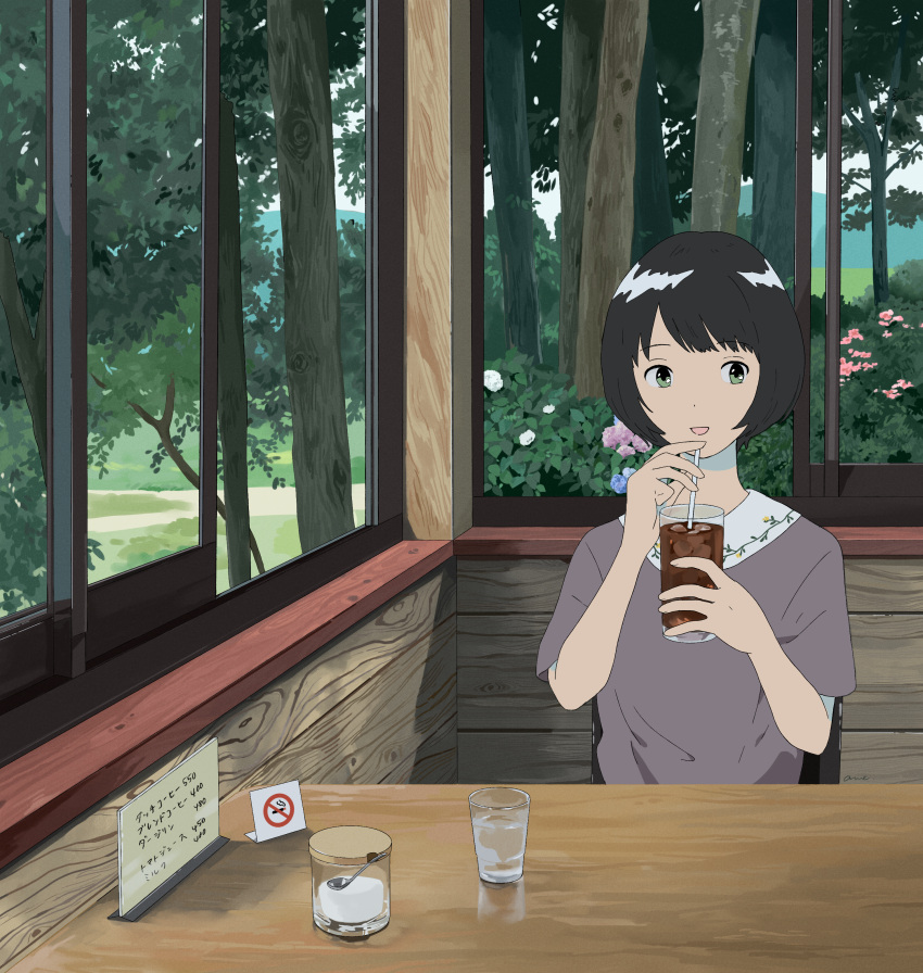 1girl absurdres black_hair cup day desk drinking_glass flower forest green_eyes grey_shirt gumi. highres holding holding_drinking_glass huge_filesize indoors looking_at_viewer nature no_smoking original parted_lips shirt short_hair short_sleeves sipping sitting smile solo sugar_bowl window