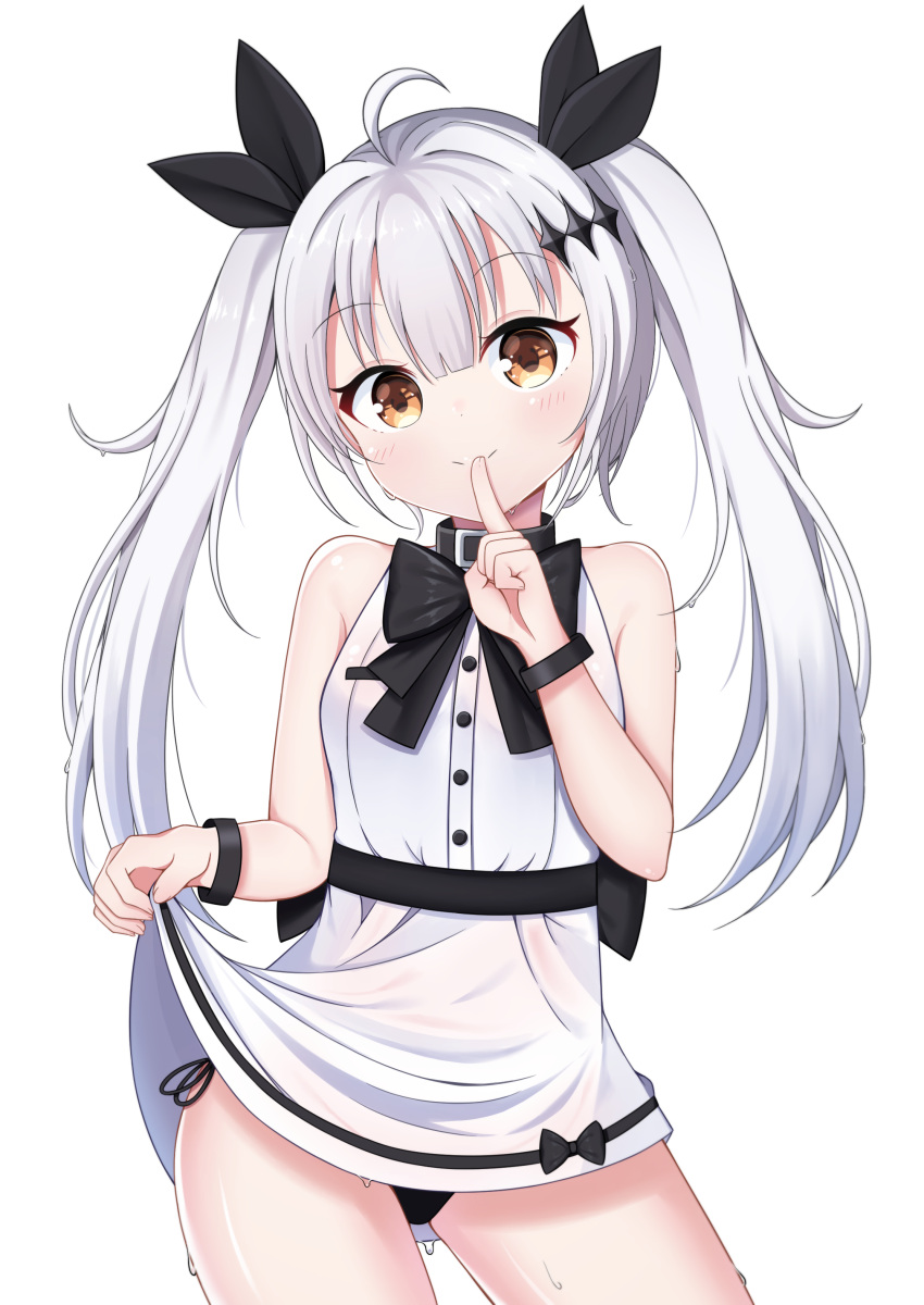 1girl absurdres ahoge bare_shoulders black_bow black_panties black_ribbon blush bow brown_eyes closed_mouth commentary_request dress fingernails five-seven_(girls_frontline) girls_frontline hair_ornament hair_ribbon hand_up head_tilt highres long_hair looking_at_viewer panties ribbon see-through side-tie_panties sidelocks silver_hair simple_background skirt_hold sleeveless sleeveless_dress smile solo starfox1015 twintails underwear very_long_hair wet wet_clothes wet_dress white_background white_dress