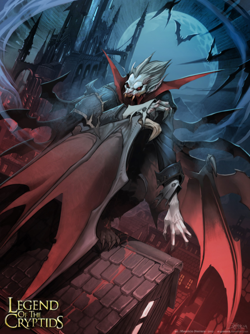 1boy artist_name barefoot bat_wings fangs highres legend_of_the_cryptids male_focus mauricio_herrera moon night night_sky official_art open_mouth pointy_ears red_eyes sky solo vampire white_hair wings