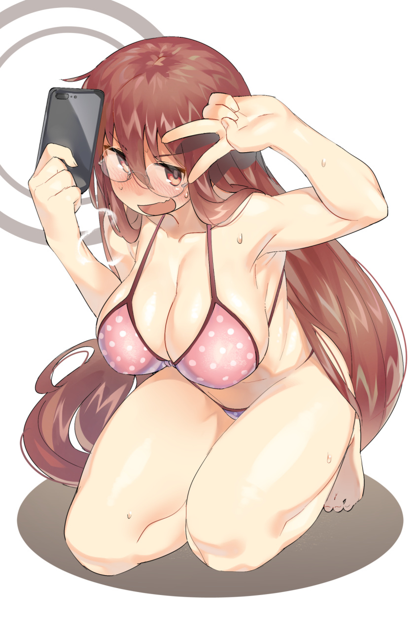 1girl :d bangs bare_arms bare_legs bare_shoulders barefoot bikini blush breasts brown_hair cellphone cleavage collarbone fuyajou_yodomi gankutsu-sou_no_fuyajou-san glasses hair_between_eyes highres holding holding_phone large_breasts long_hair looking_at_viewer monosenbei nose_blush open_mouth phone pink_bikini polka_dot polka_dot_bikini red_eyes rimless_eyewear round_eyewear smartphone smile solo sweat swimsuit thighs v v_over_eye very_long_hair