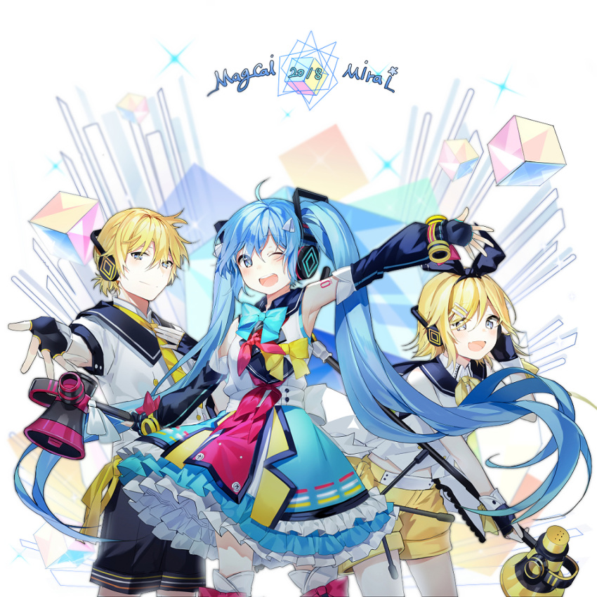 1boy 2girls :d ;d armpits black_gloves black_shorts blonde_hair blue_bow blue_eyes blue_hair blue_skirt bow bowtie cowboy_shot detached_sleeves fingerless_gloves gloves hair_between_eyes hair_ornament hairclip hand_in_hair hatsune_miku headphones holding holding_microphone kagamine_len kagamine_rin layered_skirt leaning_forward long_hair looking_at_viewer magical_mirai_(vocaloid) microphone multiple_girls necktie one_eye_closed open_mouth popuru shirt short_hair short_shorts short_sleeves shorts skirt sleeveless sleeveless_shirt smile standing thigh-highs twintails very_long_hair vocaloid white_background white_legwear white_shirt yellow_neckwear yellow_shorts