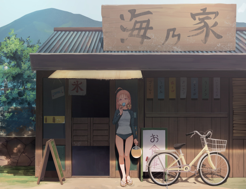 1girl absurdres bangs bicycle bicycle_basket bow braid buruma clover_hair_ornament eating expressive_hair fan flip-flops food ground_vehicle hair_bow hair_ornament highres hill holding holding_fan love_live! love_live!_sunshine!! orange_hair paper_fan popsicle raglan_sleeves red_eyes sandals shade side_braid sign solo storefront sweat takami_chika translated tree yellow_bow yunamul