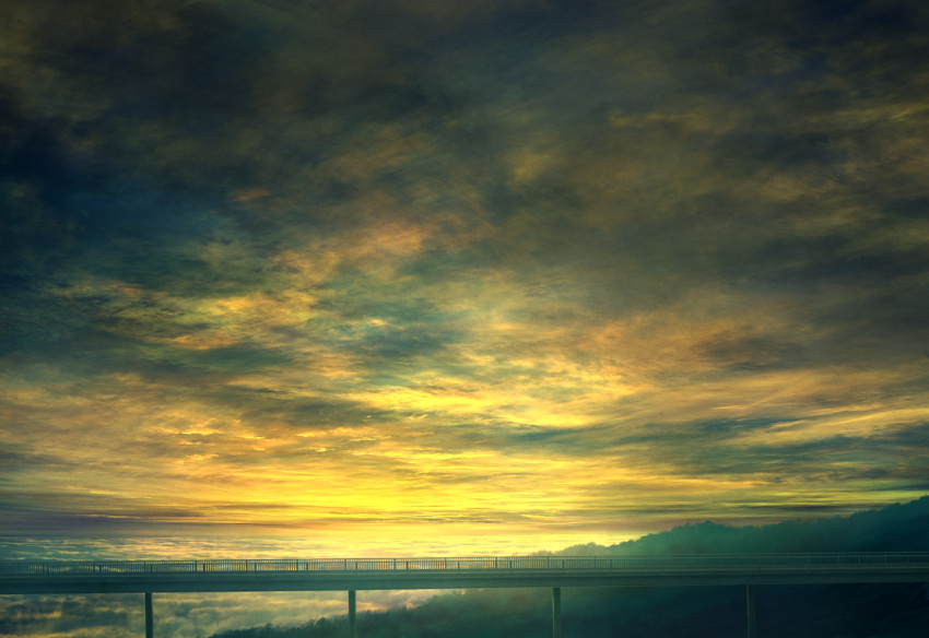 bridge clouds cloudy_sky commentary_request green mks no_humans original outdoors overcast railing scenery sky sunset yellow_sky