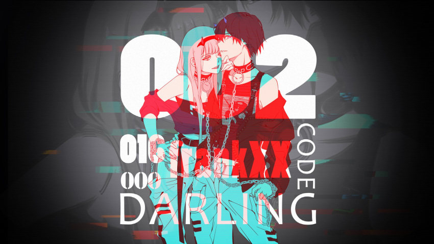 1boy 1girl bangs bare_shoulders belt black_hair black_hairband blue_horns chain_necklace chains character_name chenaze57 collar collarbone commentary_request couple darling_in_the_franxx eyebrows_visible_through_hair hair_ornament hairband hand_on_another's_chin hand_on_another's_hip hand_on_hip hetero highres hiro_(darling_in_the_franxx) horns jacket jacket_pull long_hair long_sleeves navel oni_horns open_clothes open_jacket pants shirt short_hair sleeveless sleeveless_shirt sleeves_rolled_up striped striped_shirt thighs torn_clothes torn_pants zero_two_(darling_in_the_franxx)
