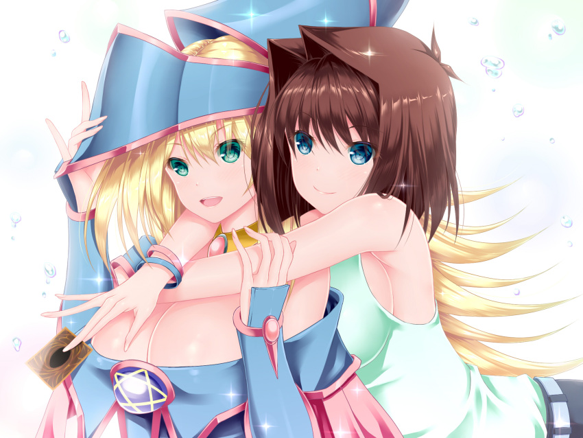 2girls :d aqua_eyes armpits blonde_hair blue_eyes breasts brown_hair card choker dark_magician_girl detached_sleeves duel_monster hat highres hug hug_from_behind karucho large_breasts long_hair mazaki_anzu medium_hair multiple_girls open_mouth pentagram smile wizard_hat yu-gi-oh!