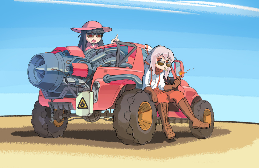 absurdres boots bow brown_footwear brown_gloves car combat_boots cross-laced_footwear desert engine fujiwara_no_mokou gas_tank gloves ground_vehicle hair_bow hat highres houraisan_kaguya joeychen knee_boots lace-up_boots motor_vehicle pants shadow sitting sun_hat sunglasses suspenders tire touhou