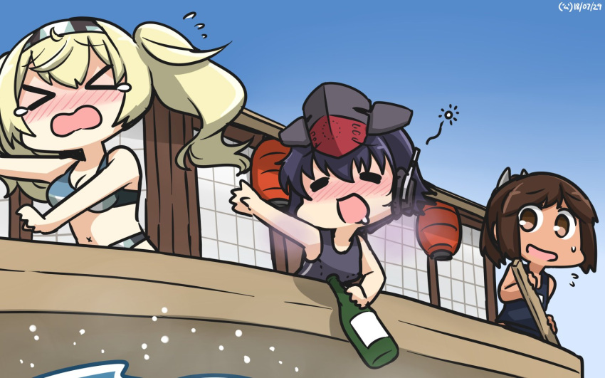 &gt;_&lt; 3girls adapted_costume asymmetrical_hair bikini black_hair black_swimsuit blonde_hair blue_sky blue_swimsuit blush boat bottle breasts brown_eyes brown_hair chibi closed_eyes commentary_request dated drink gambier_bay_(kantai_collection) gradient_sky hair_between_eyes hair_ornament hairband hairclip hamu_koutarou hat highres i-14_(kantai_collection) i-401_(kantai_collection) kantai_collection lantern large_breasts multicolored multicolored_bikini multicolored_clothes multiple_girls oar ponytail sake_bottle school_swimsuit short_hair short_ponytail sky swimsuit tan twintails watercraft