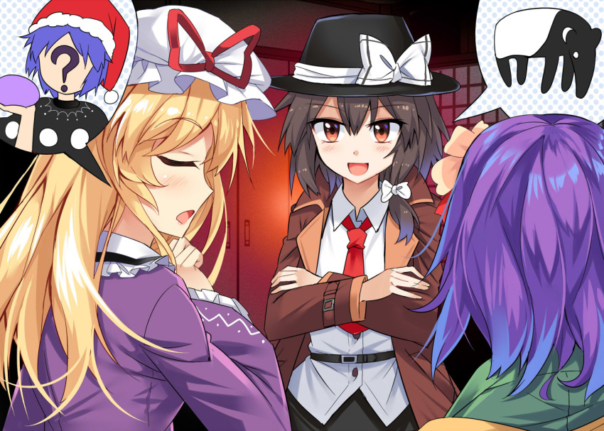 3girls :d ? belt black_belt black_dress black_hat black_skirt blob blonde_hair blue_hair blush bow brown_coat brown_eyes brown_hair closed_eyes coat commentary_request crossed_arms doremy_sweet dress e.o. eyebrows_visible_through_hair fedora flower frilled_shirt_collar frilled_sleeves frills from_behind green_kimono hair_bow hair_flower hair_ornament hand_up hat hat_bow hat_ribbon hieda_no_akyuu holding indoors japanese_clothes kimono long_hair long_sleeves looking_at_another maribel_hearn mob_cap multiple_girls necktie open_mouth pink_flower pom_pom_(clothes) profile purple_dress purple_hair red_hat red_neckwear red_ribbon ribbon santa_hat shirt short_hair skirt smile speech_bubble tapir touhou upper_body usami_renko white_bow white_hat white_shirt wide_sleeves wing_collar yellow_kimono