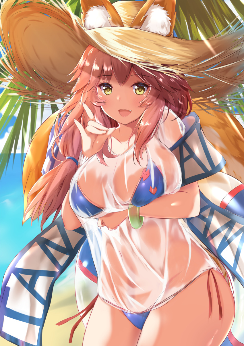 1girl animal_ears bikini bikini_under_clothes blue_bikini blush breast_hold breasts collarbone day ears_through_headwear fang fate/extra fate/grand_order fate_(series) fox_ears fox_shadow_puppet fox_tail hat highres innertube john_zhang large_breasts looking_at_viewer nature ocean open_mouth outdoors palm_tree pink_hair see-through shirt side-tie_bikini solo straw_hat swimsuit tail tamamo_(fate)_(all) tamamo_no_mae_(swimsuit_lancer)_(fate) tree wet wet_clothes wet_shirt wet_t-shirt yellow_eyes