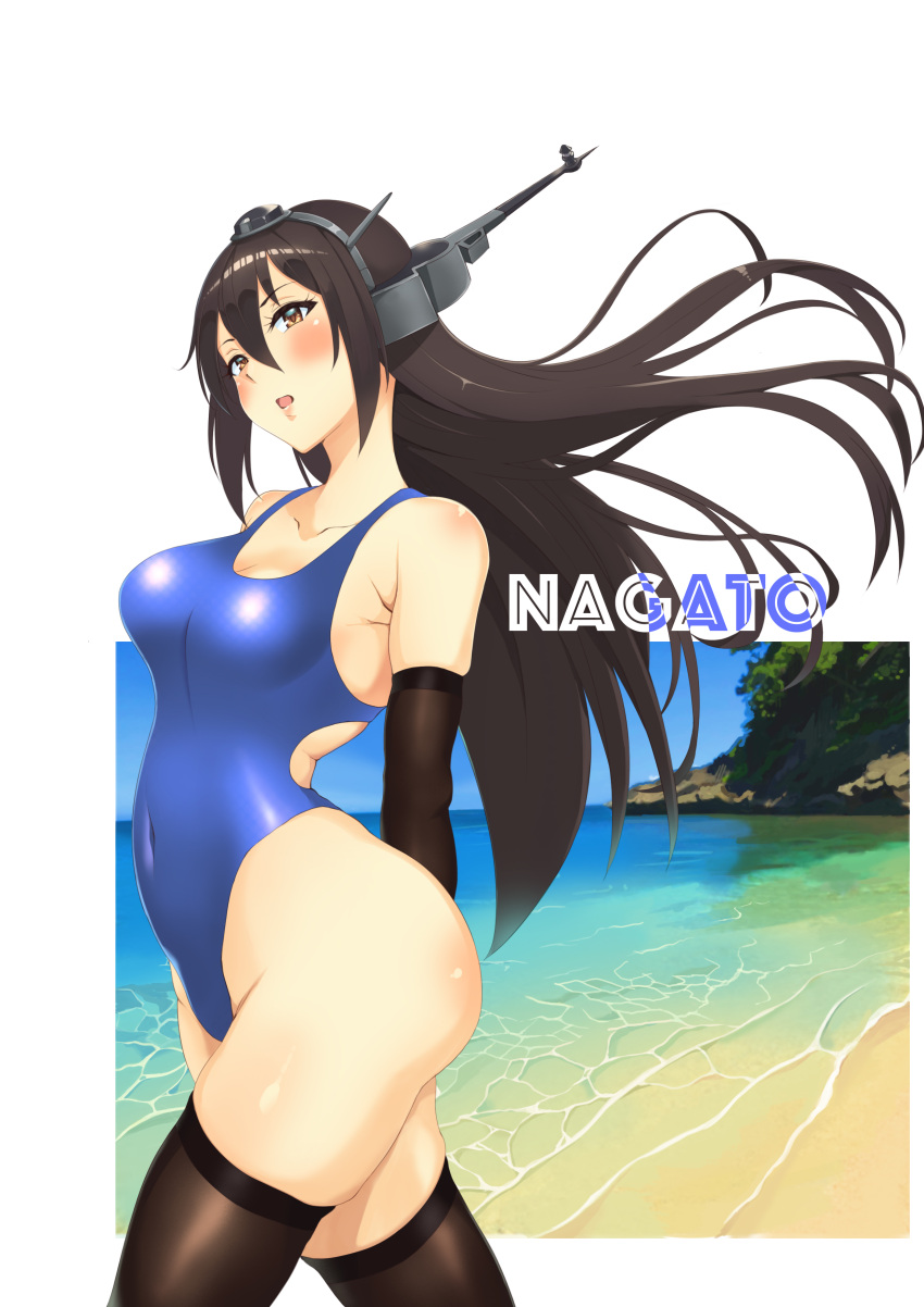 1girl absurdres beach black_gloves black_hair black_legwear blue_swimsuit character_name competition_swimsuit covered_navel elbow_gloves gloves headgear highleg highleg_swimsuit highres kantai_collection long_hair nagato_(kantai_collection) one-piece_swimsuit pm_tii_(matuko1024) red_eyes solo swimsuit