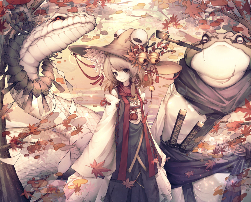 1girl absurdres animal autumn_leaves bell blonde_hair branch brown_eyes commentary_request frog highres hito_komoru long_sleeves looking_at_viewer moriya_suwako oversized_animal pipe_in_mouth pyonta red_eyes red_scarf scales scar scar_across_eye scarf shide snake sword touhou weapon