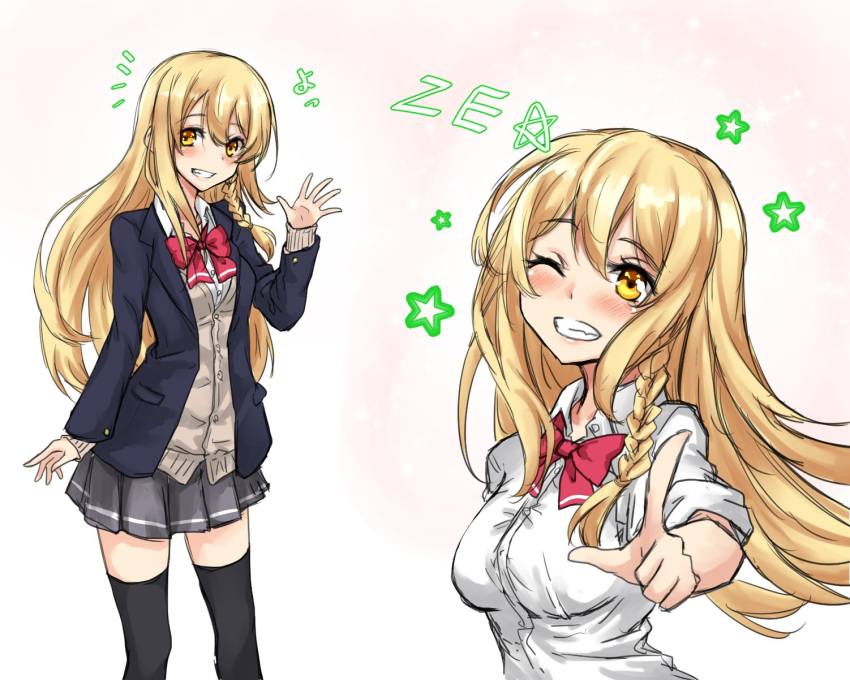 1girl alternate_costume amagi_(amagi626) beige_sweater black_jacket black_legwear blonde_hair blush bow bowtie braid breasts commentary_request contemporary eyebrows_visible_through_hair fang feet_out_of_frame grey_skirt grin hair_between_eyes hand_up highres jacket kirisame_marisa long_hair long_sleeves looking_at_viewer medium_breasts miniskirt multiple_views no_hat no_headwear one_eye_closed pointing pointing_at_viewer red_bow red_neckwear school_uniform shirt short_sleeves simple_background single_braid single_sidelock skirt smile standing star sweater thigh-highs thighs touhou translated upper_body white_background white_shirt wing_collar yellow_eyes ze_(phrase) zettai_ryouiki