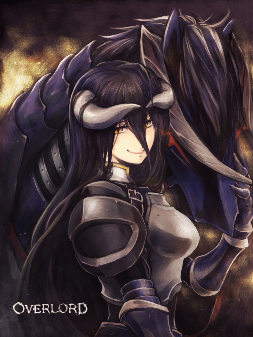 1girl albedo armor black_hair breastplate copyright_name floating_hair from_side gauntlets hair_between_eyes highres horns horse long_hair overlord_(maruyama) red_eyes shoulder_armor solo spaulders upper_body user_xgpy8228 very_long_hair yellow_eyes