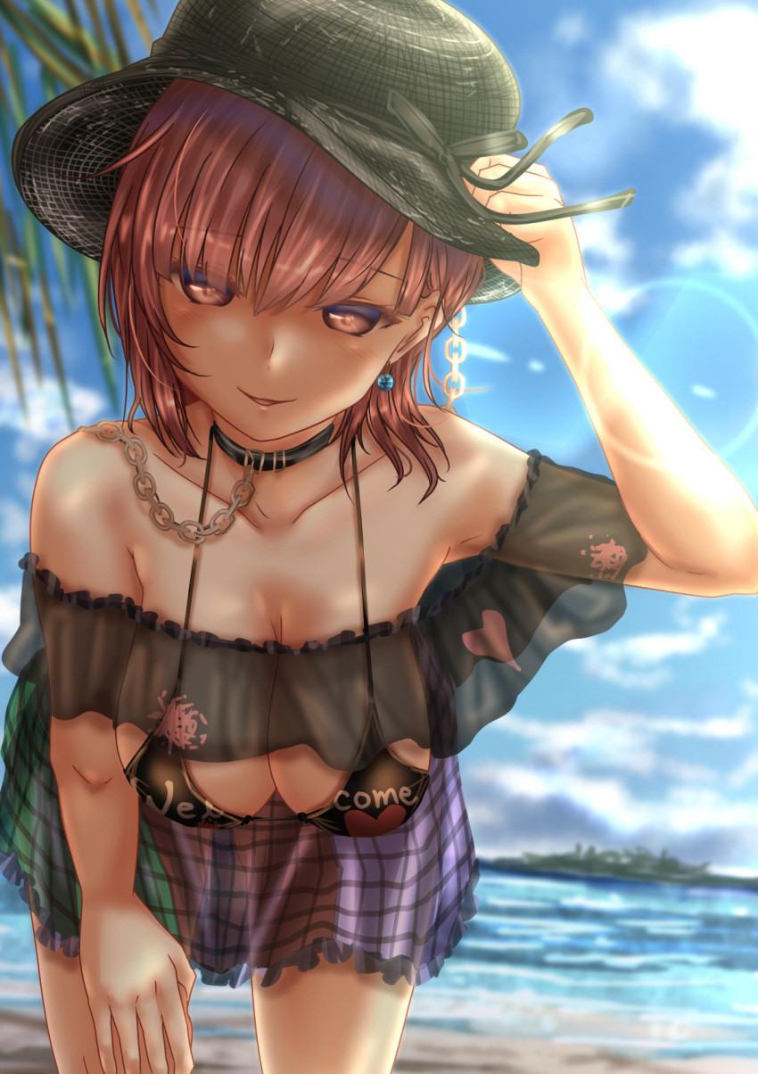1girl adapted_costume adjusting_clothes adjusting_hat bare_shoulders bikini black_bikini black_hat blush breasts chains choker cleavage collarbone commentary_request earrings frilled_skirt frills hand_on_headwear hanging_breasts hat hecatia_lapislazuli highres jewelry large_breasts leaning_forward legacy_of_lunatic_kingdom looking_at_viewer multicolored multicolored_clothes multicolored_skirt ocean off_shoulder palm_tree plaid plaid_skirt red_eyes redhead see-through short_hair shounen_(hogehoge) skirt smile solo standing swimsuit touhou tree