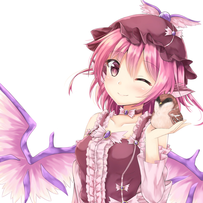 1girl absurdres akiteru98 bangs bird blush brown_choker brown_dress brown_hat choker closed_mouth commentary dress eyebrows_visible_through_hair hair_between_eyes hand_up hat highres long_sleeves looking_at_viewer mystia_lorelei one_eye_closed pink_eyes pink_hair simple_background smile solo sparrow touhou upper_body white_background wings