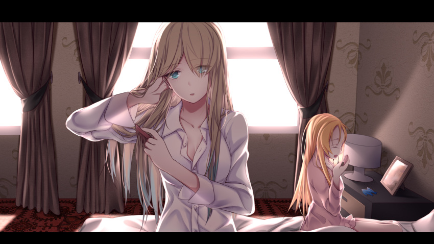 2girls bed blonde_hair blue_hair breasts cleavage closed_eyes comb combing curtains highres lexington_(cv-16)_(zhan_jian_shao_nyu) long_hair multiple_girls saratoga_(zhan_jian_shao_nyu) shirt window yawning zhan_jian_shao_nyu zhixiang_zhi