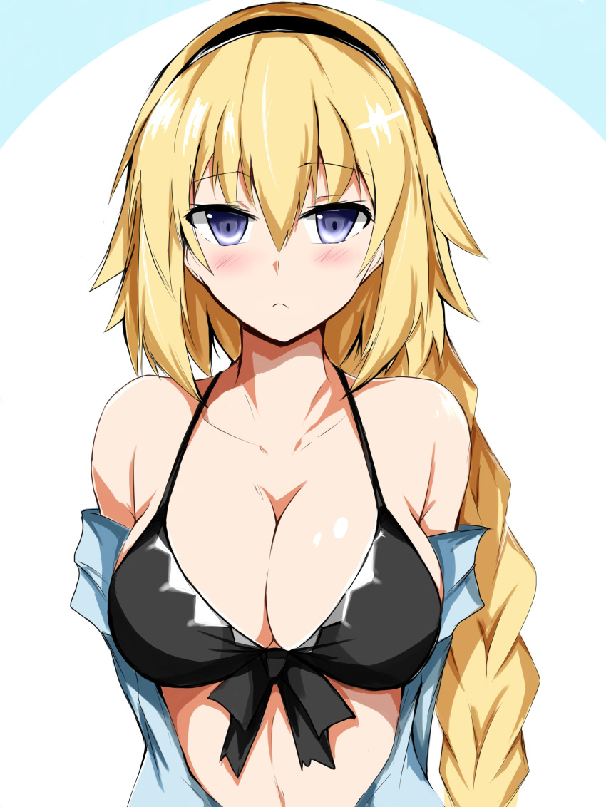 1girl absurdres arms_behind_back black_bikini_top black_hairband blonde_hair blue_eyes blush braid commentary_request fate/grand_order fate_(series) hairband highres isshii13 jeanne_d'arc_(fate) jeanne_d'arc_(fate)_(all) long_hair looking_at_viewer single_braid swimsuit