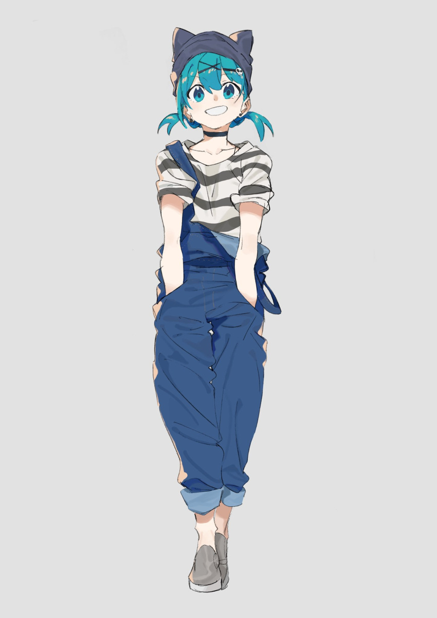 1girl aqua_eyes aqua_hair blue_eyes choker collar earrings hair_between_eyes hands_in_pockets hat highres jewelry looking_at_viewer low_twintails machi_(wm) original overalls pants pants_rolled_up shirt shoes short_hair smile solo standing striped striped_shirt suspenders twintails