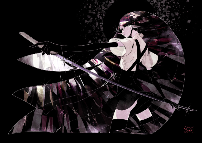 1other black_hair bort commentary_request elbow_gloves gem_uniform_(houseki_no_kuni) gloves holding holding_sword holding_weapon houseki_no_kuni katana long_hair signature solo sparkle sword very_long_hair wa_no_mura weapon